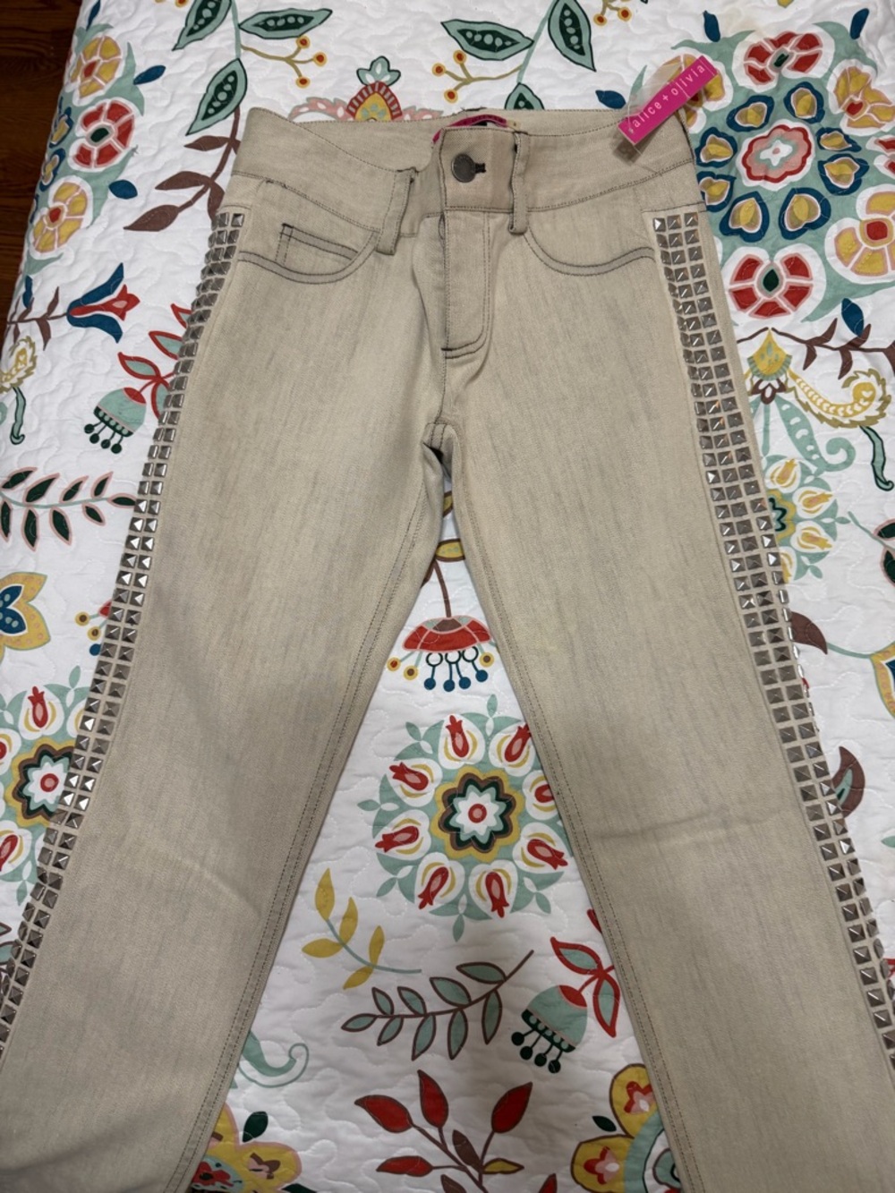 Alice + Olivia Beige Skinny Jeans with Studded Side Trim